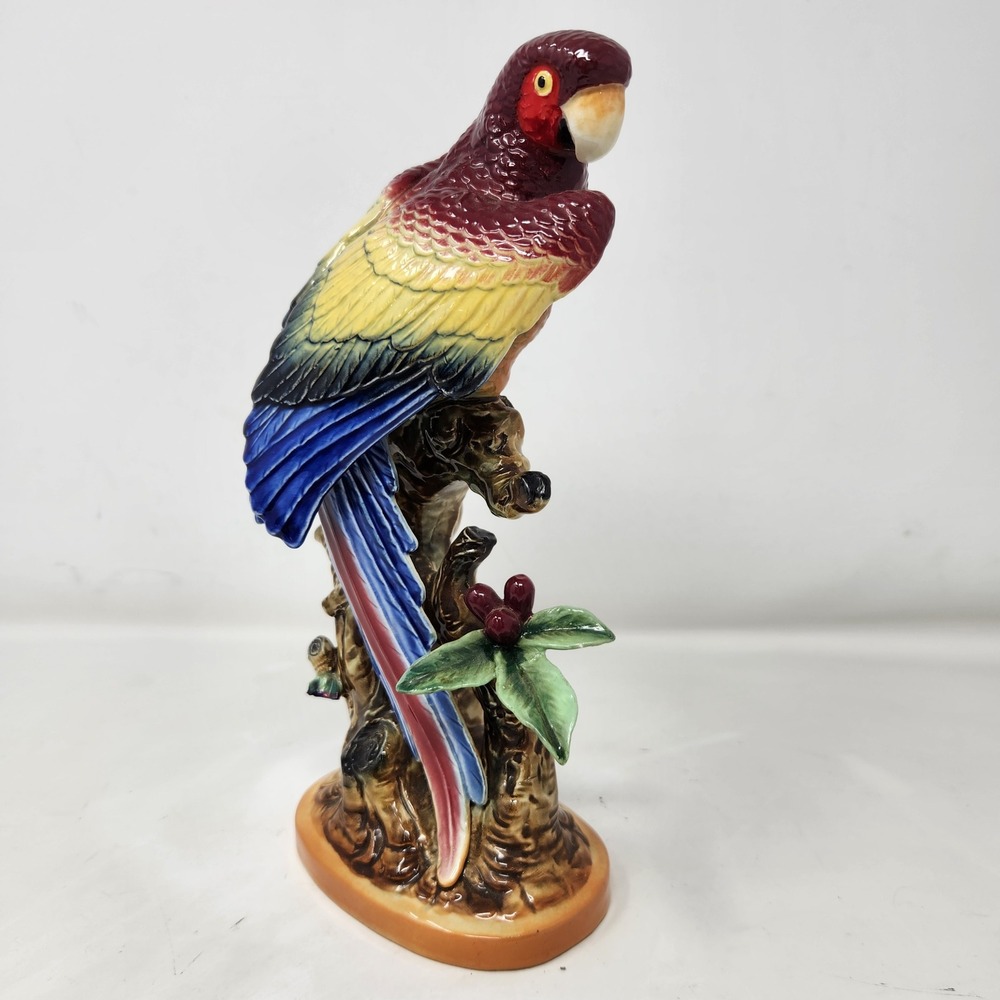 Vintage Scarlet Macaw Parrot Ceramic Figurine Tropical Bird Statue 9.5 Inch